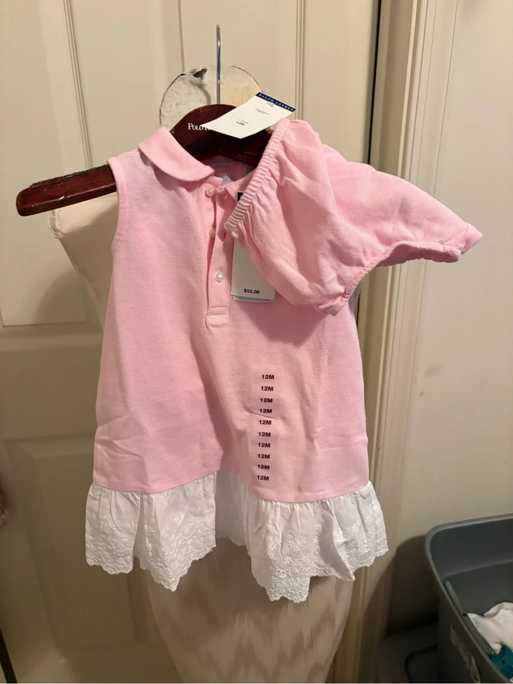 Ralph Lauren 12m nwt Pink Sleeveless Polo dress with White Eyelet Hem - Kids $55